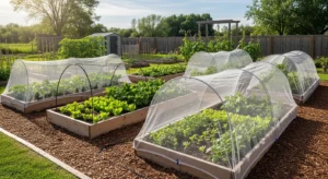 Raised beds with protective covers for plants
