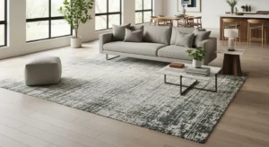 Rug defining living room area in open space