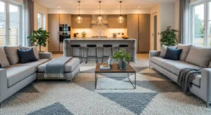 Rug separating living room area from kitchen