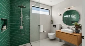 Green shower tiles creating a focal point