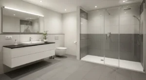 Grey floor tiles grounding the bathroom