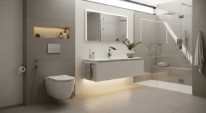 Wall-mounted toilet creating clean space