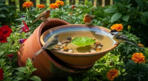 DIY bird bath using repurposed items