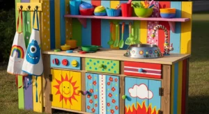 Bright mud kitchen attracting kids for play