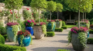 Large pots acting as garden focal points
