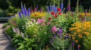 Tall plants adding height to flower bed