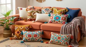 Mixed pattern throw pillows in boho living room