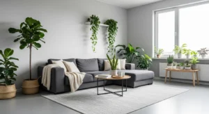 Plants adding freshness to grey room