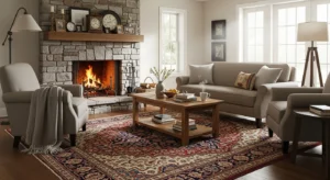 Area rug grounding fireplace layout