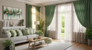 Green curtains softening the space