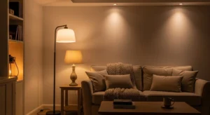 Beige sofa with layered lighting creating a warm cozy ambiance