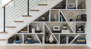 Under stairs bookcase creating a functional and stylish feature