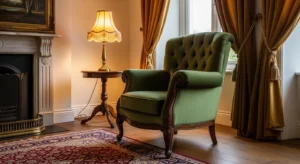 Tufted sofa in vintage living room adding classic elegance
