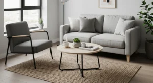 Small coffee table completing living area in compact combo space