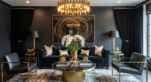 Metallic accents enhancing black living room design