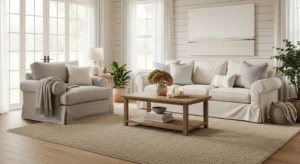 Neutral rug anchoring farmhouse living room space
