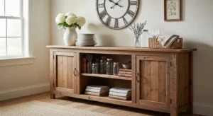 Wooden sideboard adding storage and style to farmhouse dining room