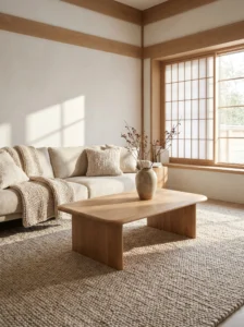 Japandi living room with neutral textured rug and cozy styling