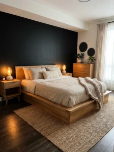 Black accent wall bedroom with natural wood furniture elements