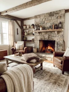 Rustic brown farmhouse living room with cozy textures and warm lighting