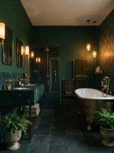 Forest green bathroom with gold accents and dramatic moody style