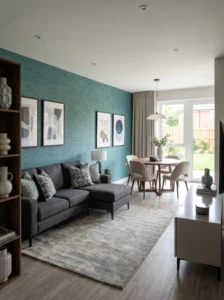 Feature wall highlighting living area in open dining living combo