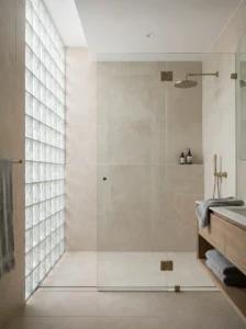 Glass block shower wall providing light and privacy in modern bathroom