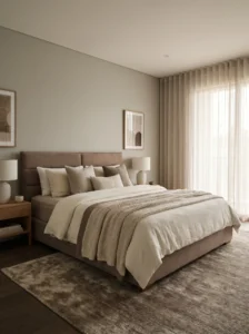 Soft brown and ivory bedroom with elegant layered neutral styling