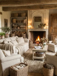 woven basket storage French country living room decor