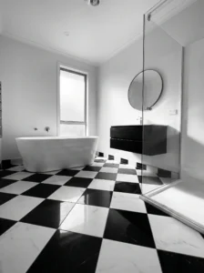 Black and white bathroom with bold contrast and modern design