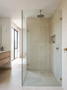Modern walk-in glass shower with rainfall showerhead