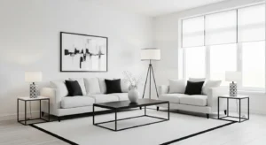 White living room with black accents creating modern contrast