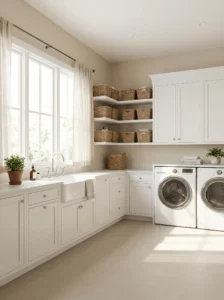 Light-colored small laundry room that feels open and spacious