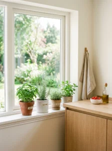 Scandinavian kitchen with small plants adding natural greenery and freshness