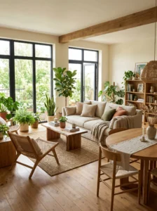 Natural elements in open kitchen living room design