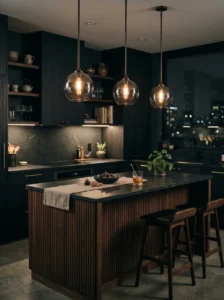 Smoked glass pendant lights in dark modern kitchen with cozy lighting