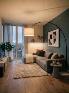 Oversized arc lamp extending over sofa in a modern living room
