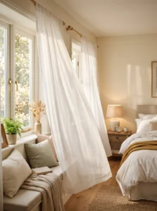 Soft curtains with natural light creating a calm and cozy teen bedroom