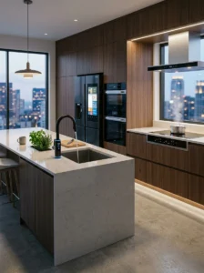Smart kitchen technology with modern appliances and automation