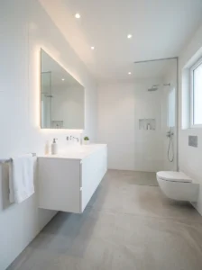 White bathroom with floating vanity creating a sleek and spacious look