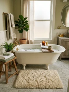 Bathtub with plush bath mat adding comfort and warmth to the space