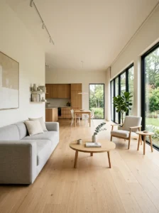 Open space Scandinavian living room uncluttered design