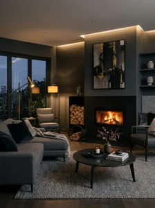 Black fireplace as a bold statement in a modern dark living room