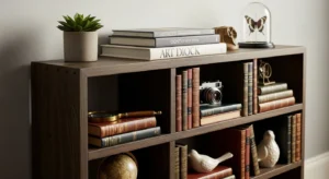 Behind sofa table styled with books and decor