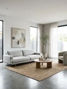 Minimalist grey couch living room with clean modern design
