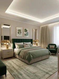 green and gold bedroom decor with a luxe modern aesthetic