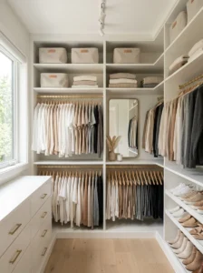 Streamlined closet design in a modern men’s bedroom with organized layout