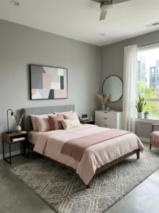 Pink and gray bedroom with modern and balanced design