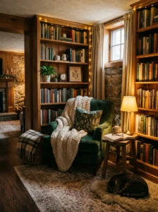 “Basement library corner with bookshelves and cozy chair”