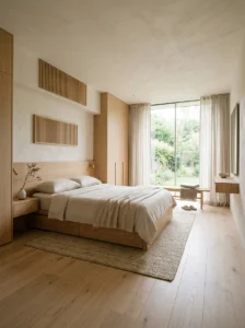 Japandi bedroom with functional hidden storage and minimal design
